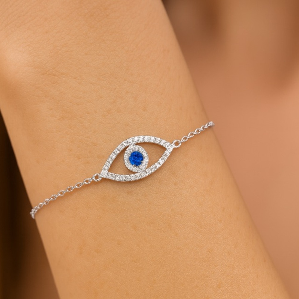 Silver Evil Eye Bracelet with Blue Zircon